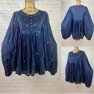 Free People Embroidered Swiss Dot Balloon Sleeve Top